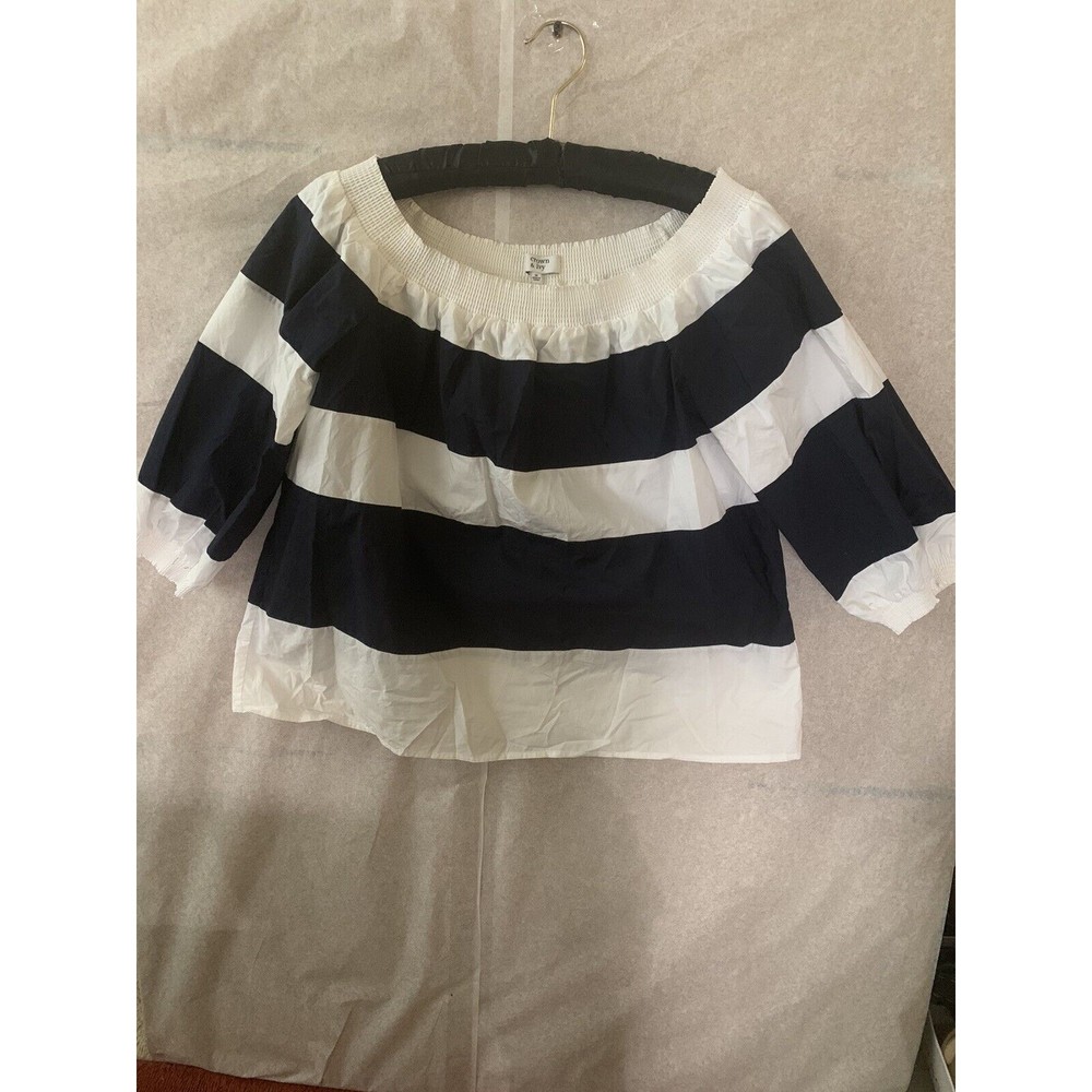 CROWN & IVY Navy Blue and White Off the Shoulder Shirt Top Size M (1249)